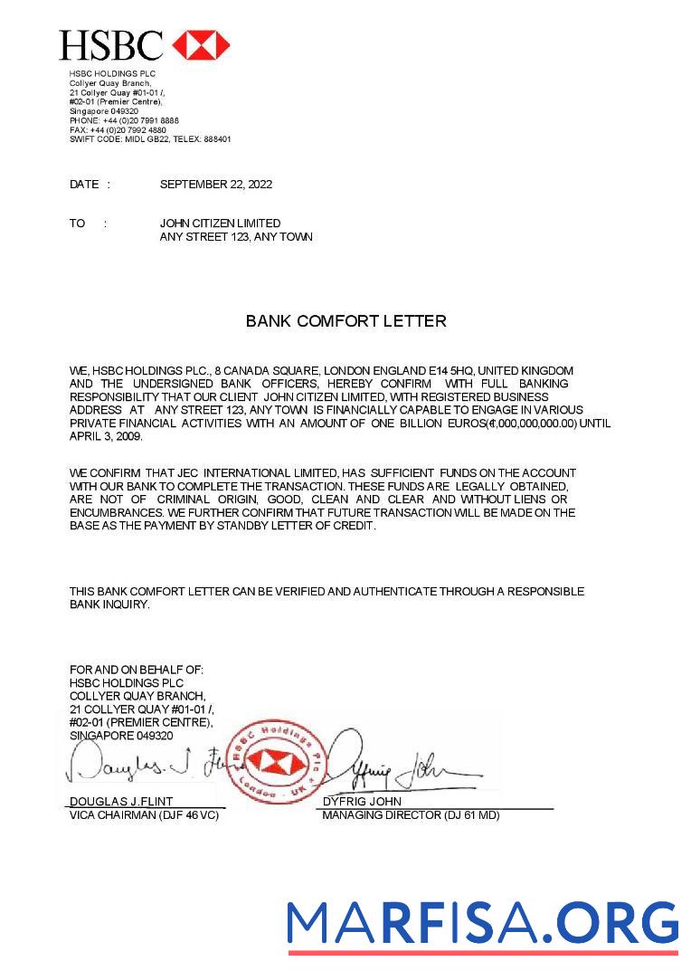 Printable Singapore HSBC Bank Reference letter real example